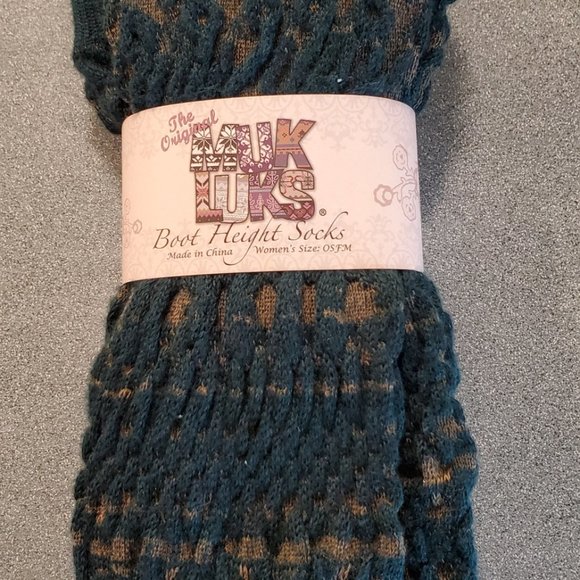 Muk Luks Tall Boot Socks in Dark Green & Grey - Picture 1 of 2